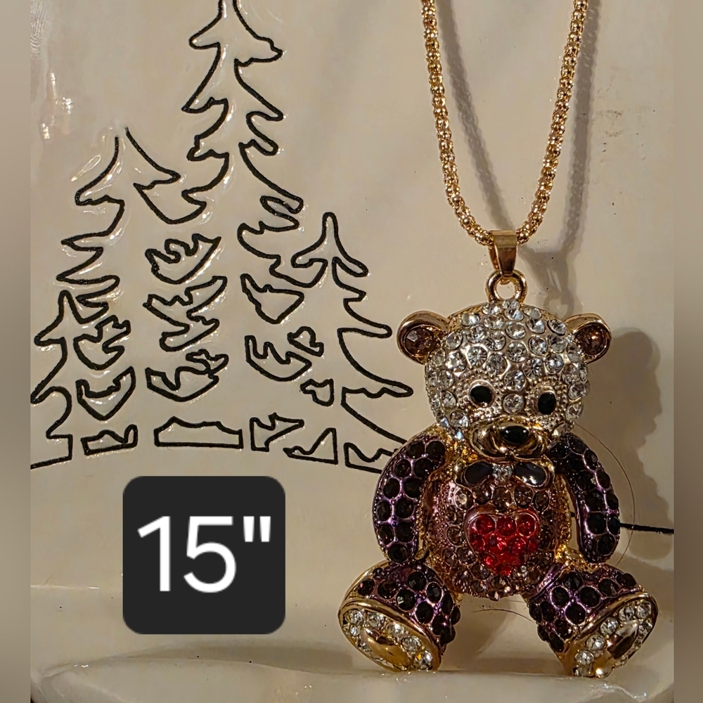 BETSY JOHNSON Gold Tone and Purple Teddy Bear Pendant Necklace